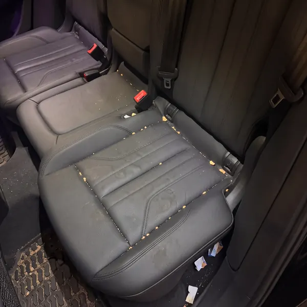 Before: rear seats of an Audi Q5, crumbs and stains in the seams before, spotless after